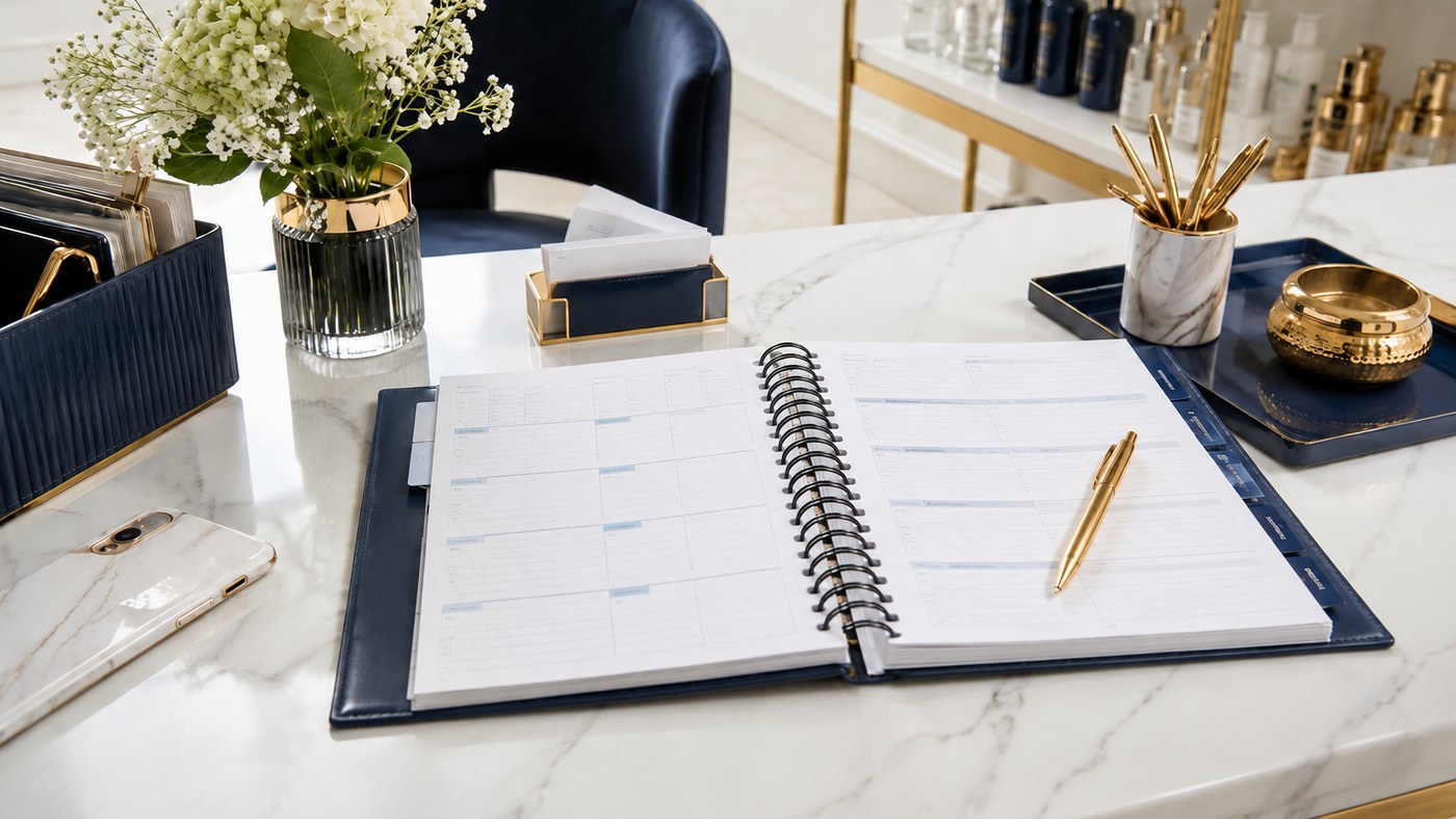 An open appointment planner on a salon workstation.
