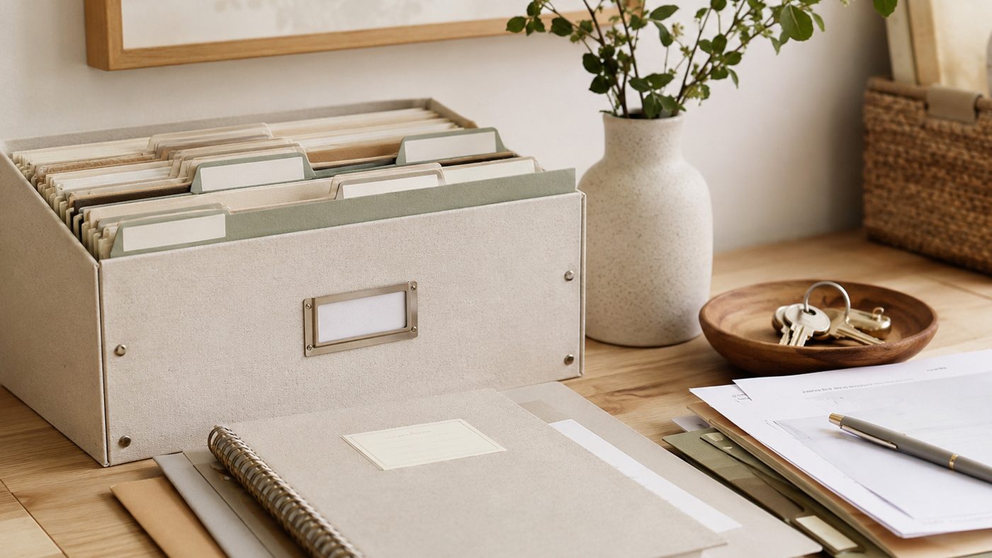 A file box, binder and labelled folders set out on a desk beside a notebook.