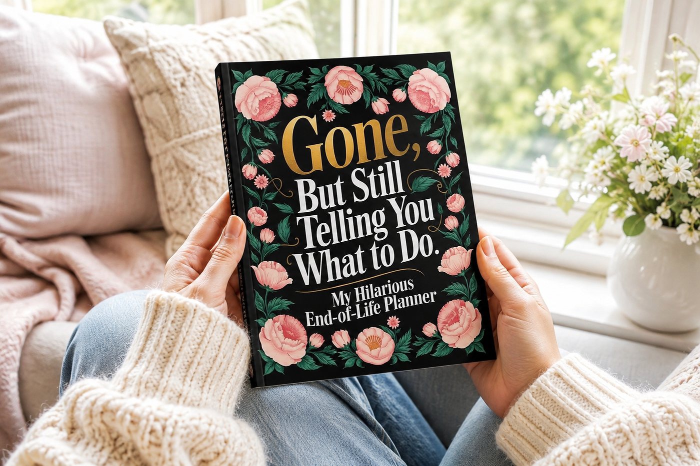 Holding the End of Life Planner while sitting by a window with cushions and flowers.