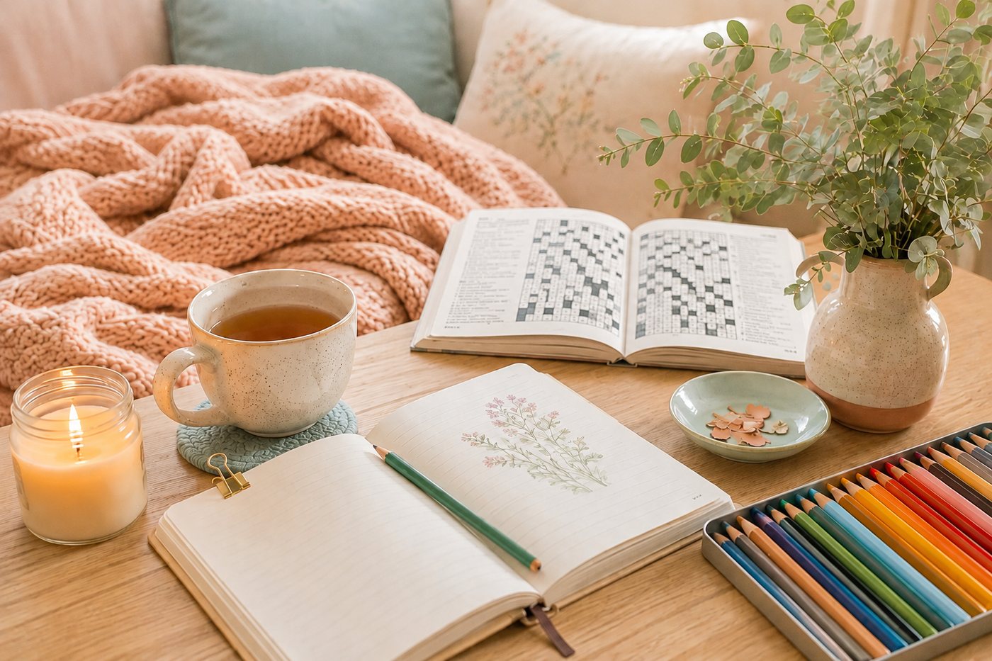 A coffee table set up with a crossword, a sketchbook, coloured pencils and tea.