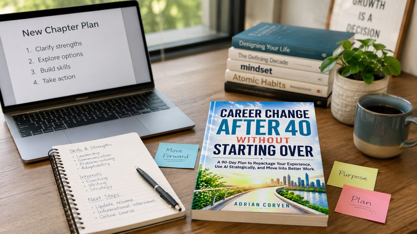 Career Change After 40 propped on a desk beside a laptop, notebook and sticky notes.