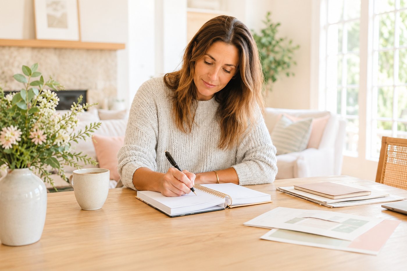 Writing in a notebook at a dining table in a bright room with flowers.