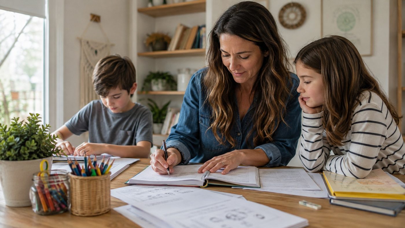A family working through the school day together at the dining table.