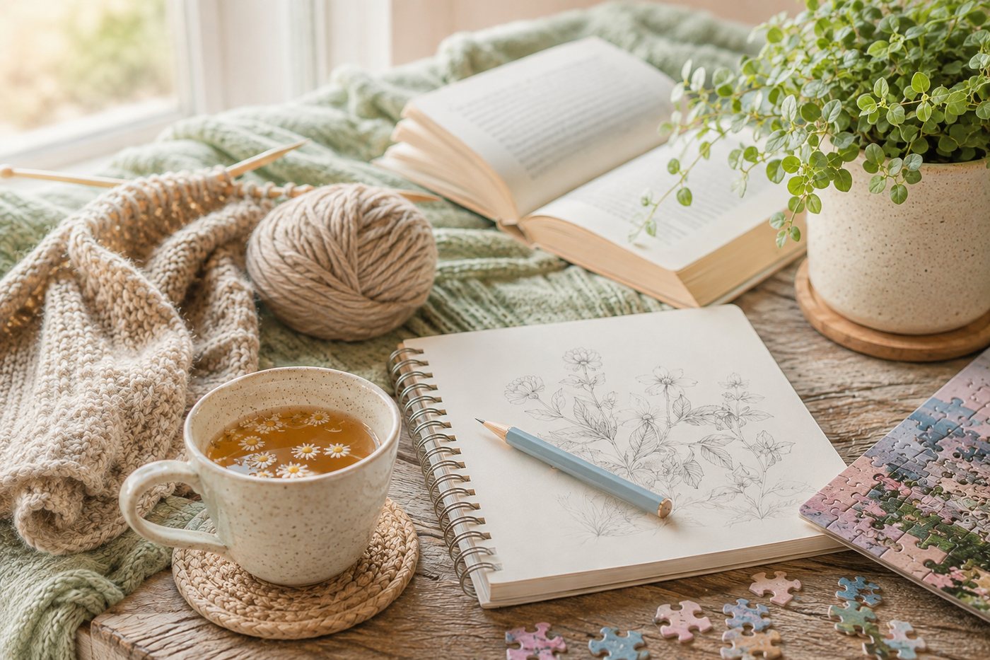 A craft table with tea, a sketchbook, knitting and puzzle pieces in soft daylight.