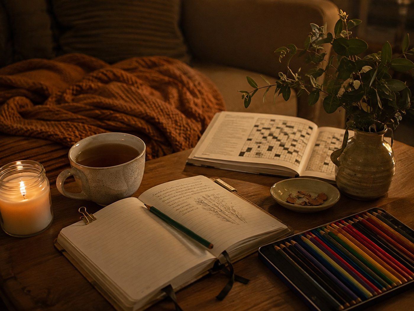 A warm evening of tea, colouring and a book instead of a screen.