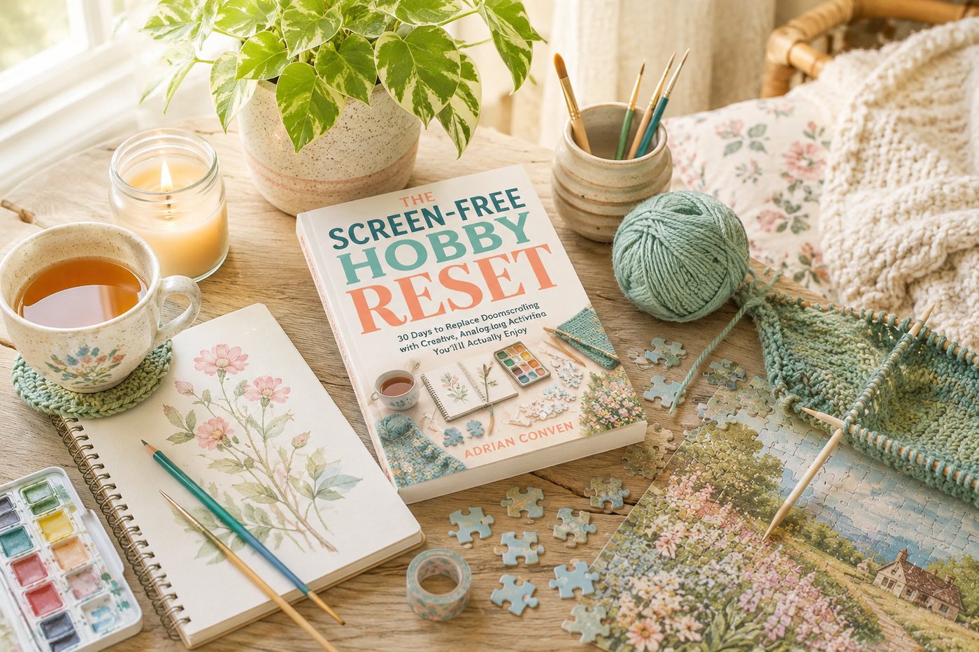 The Screen-Free Hobby Reset on a table with tea, watercolours, yarn and a jigsaw in progress.