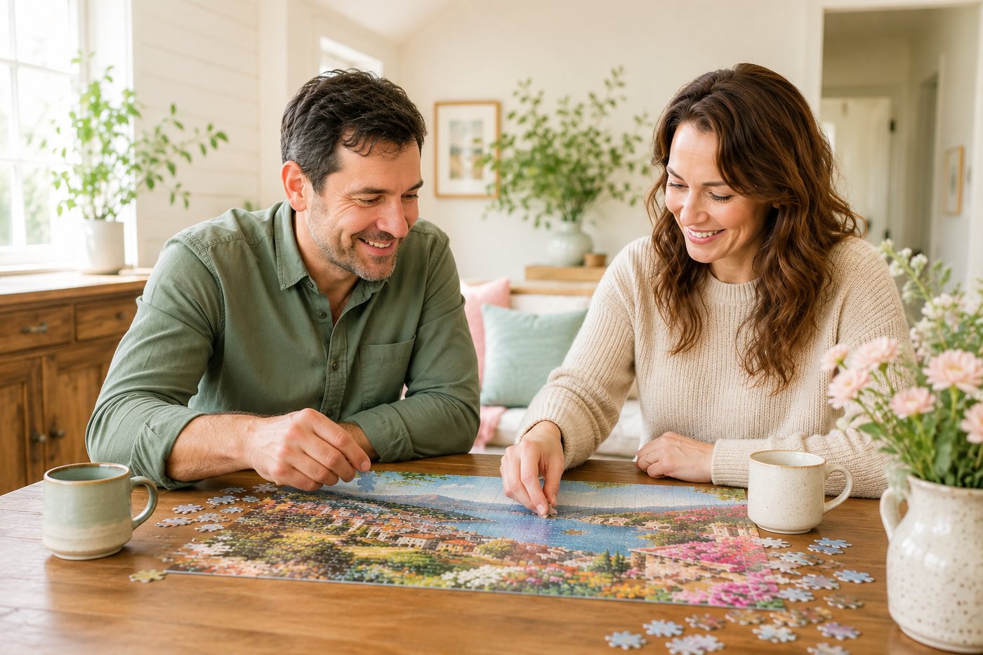 Two people fitting pieces into a jigsaw at a dining table over coffee.