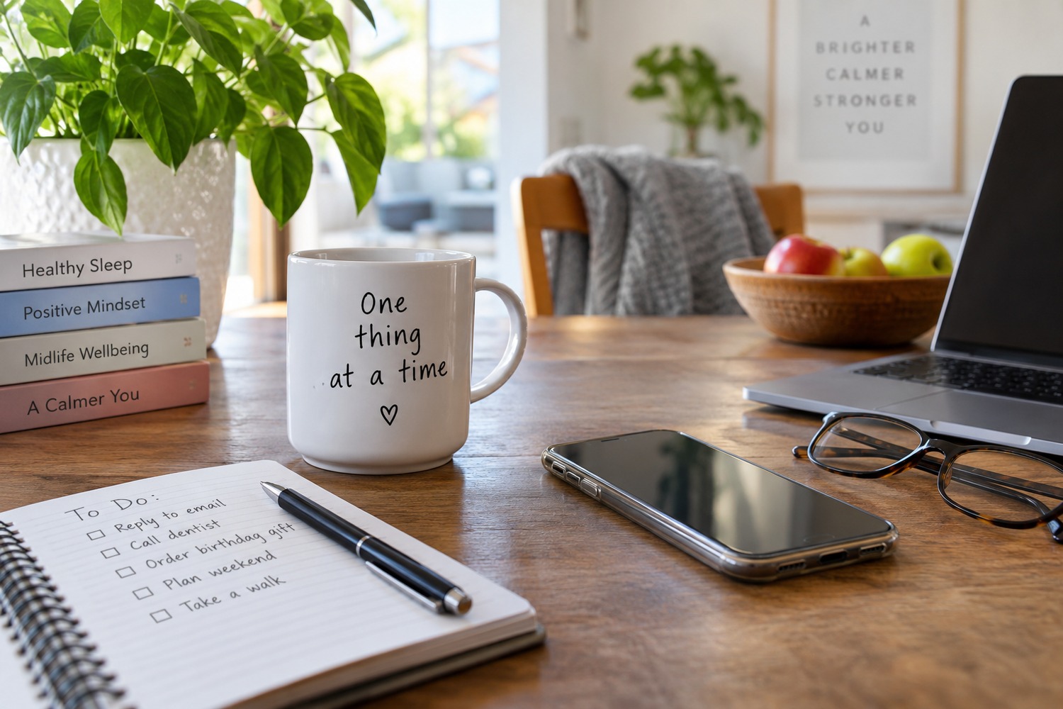 A bright home workspace with a phone, notebook, laptop and everyday reminders on the table.