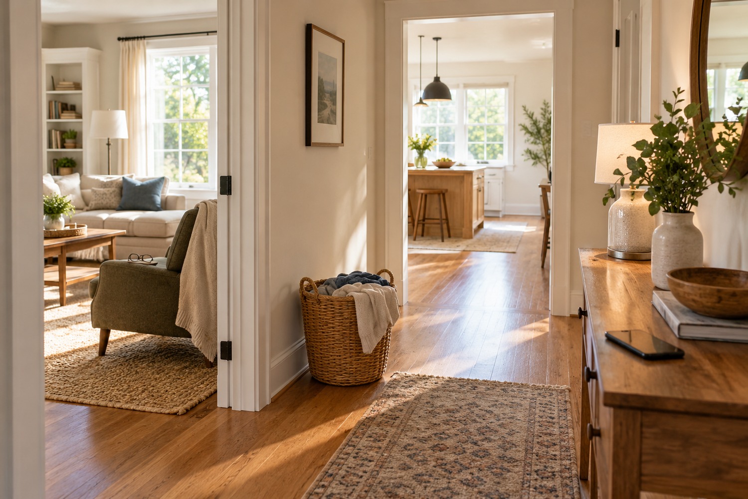 A sunlit hallway connecting a living room and kitchen, with a laundry basket nearby and no people in the scene.