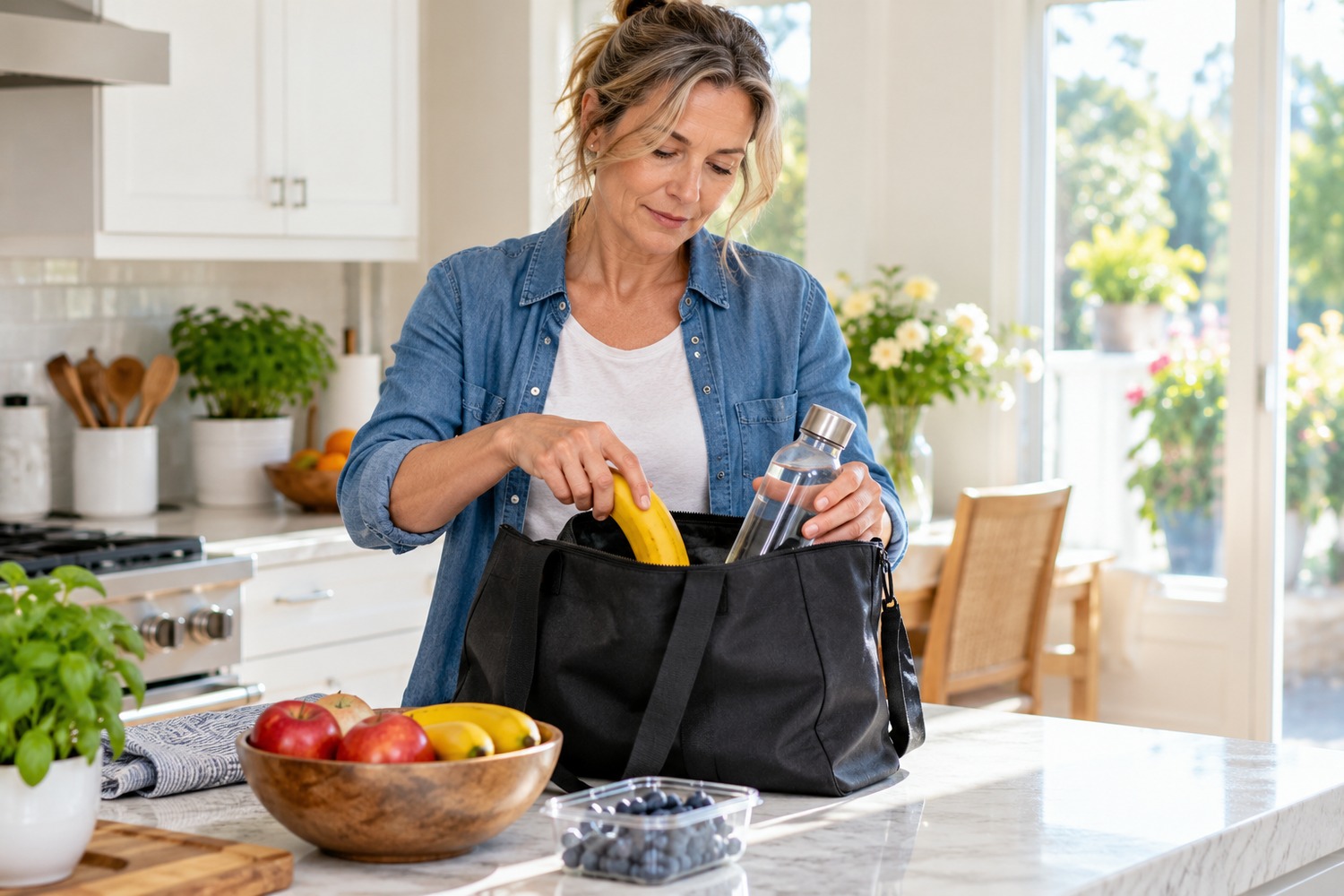 A midlife woman in a bright kitchen calmly packing fruit and a bottle of water into a simple bag for the day.