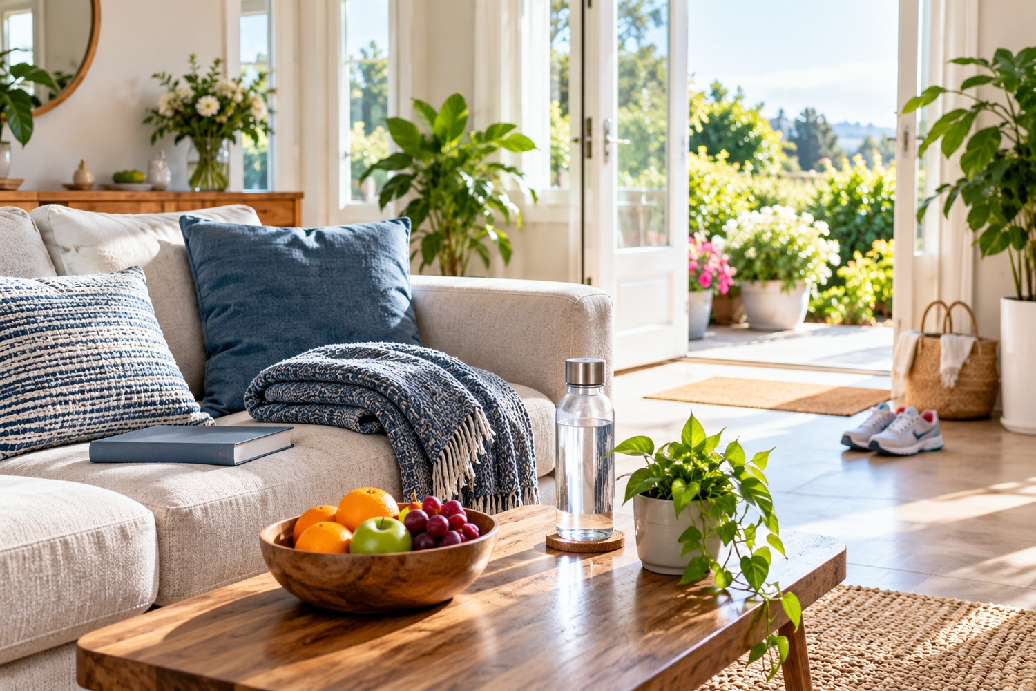 A bright living room with an open door to the garden, a folded blanket, water, fruit and walking shoes, with no people present.