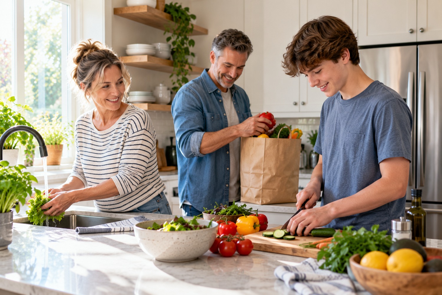 A midlife couple and a teenager sharing dinner preparation and groceries in a bright family kitchen.