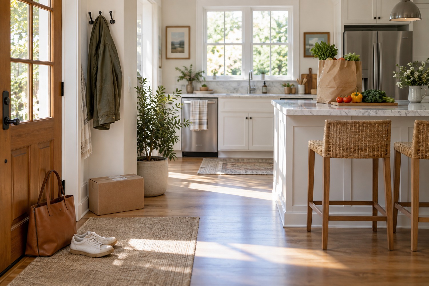 A bright home entry and kitchen area with groceries, a bag, a return parcel, shoes and a jacket waiting to be dealt with.