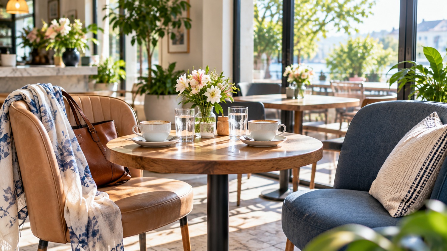 A bright cafe table after a conversation, with two cups and two chairs angled toward one another and no people present.