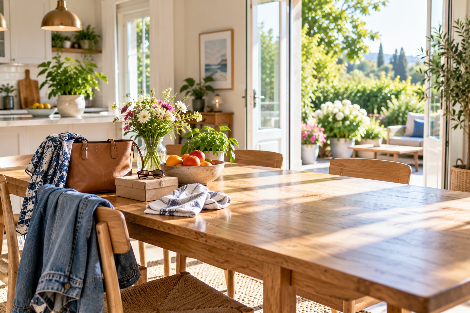 A bright dining table with everyday items on one end and a large clear sunlit space on the other, with the garden door open.