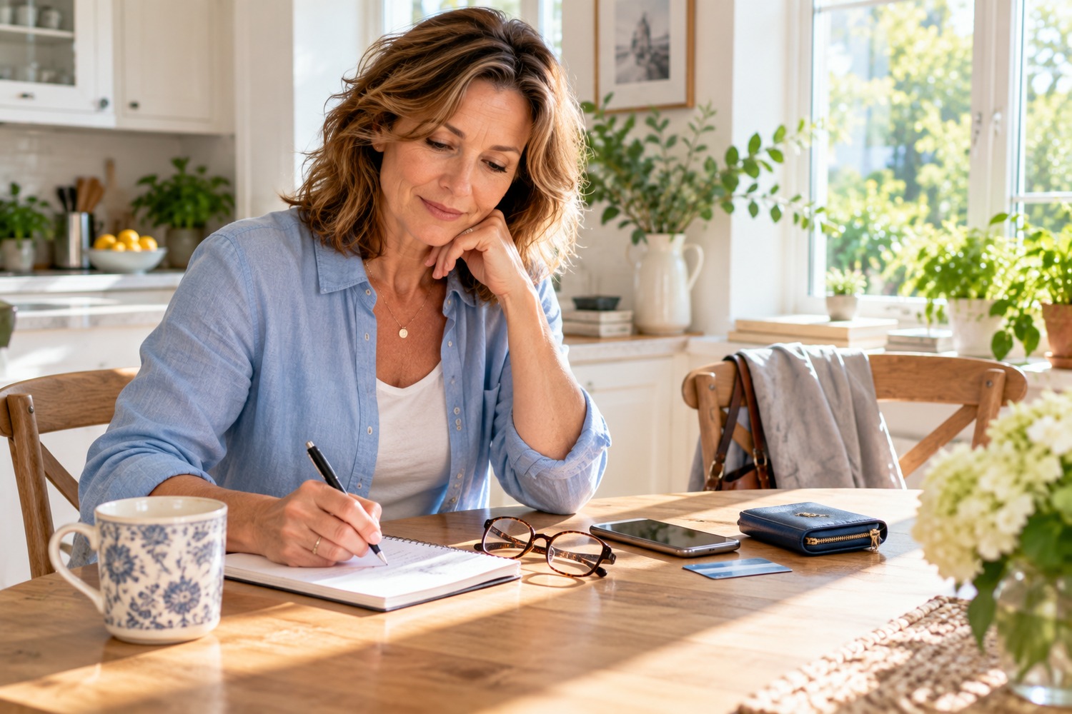 A midlife woman calmly writing a few notes at a bright kitchen table before leaving for an appointment.