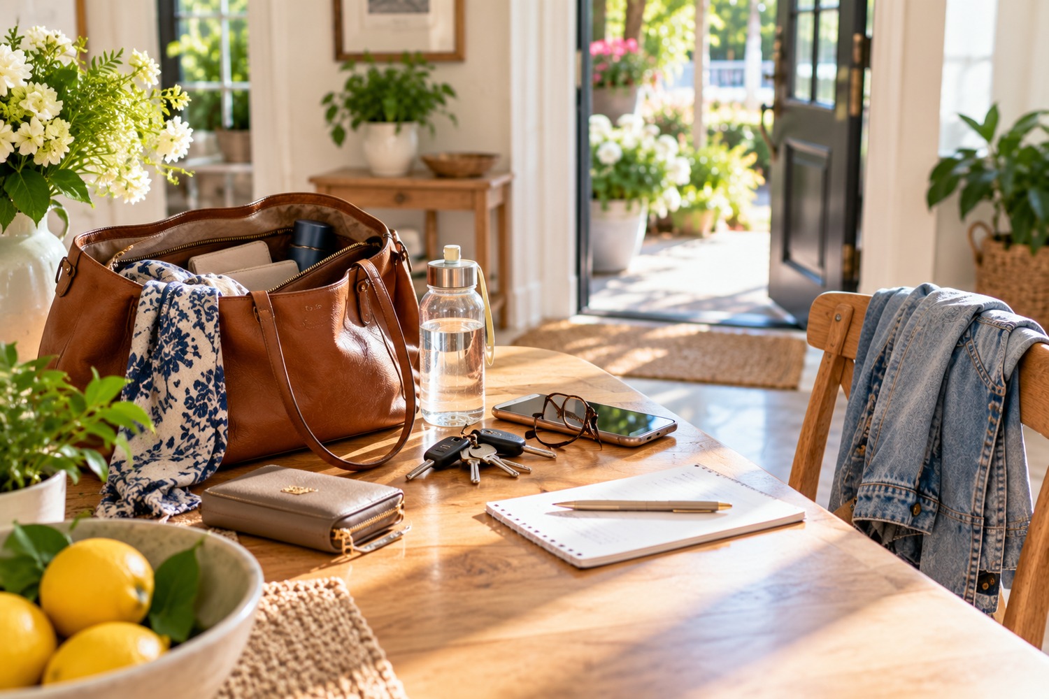A bright table near an open door with a bag, glasses, keys, water, phone, wallet and a single note page ready to go.