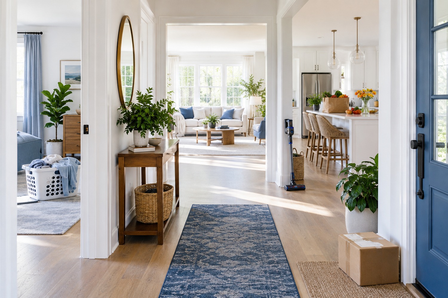 A bright central hallway with several ordinary household tasks visible in different rooms, including laundry, groceries, a parcel and a vacuum.