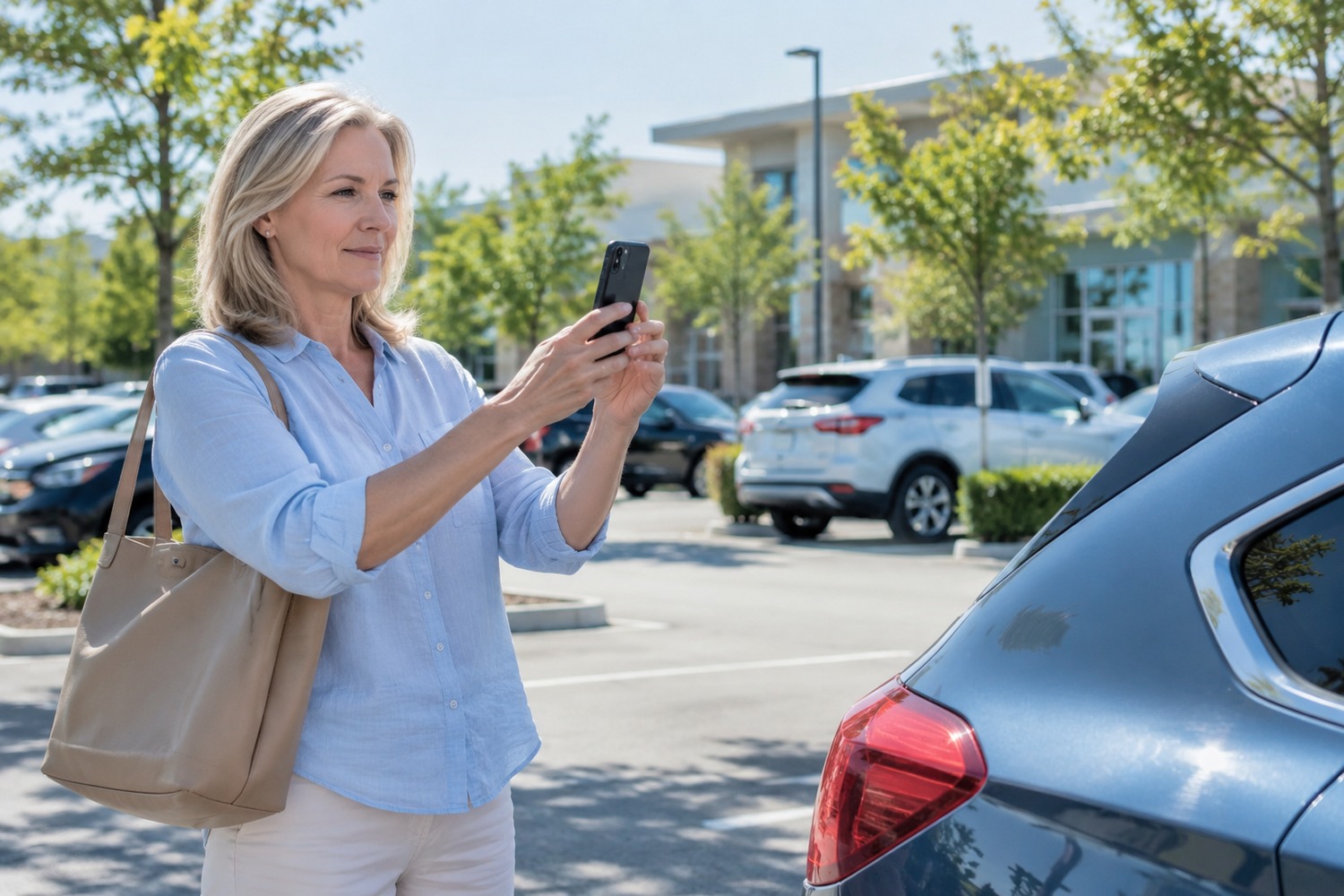 A midlife woman calmly photographing her parked car with her phone in a bright parking area.