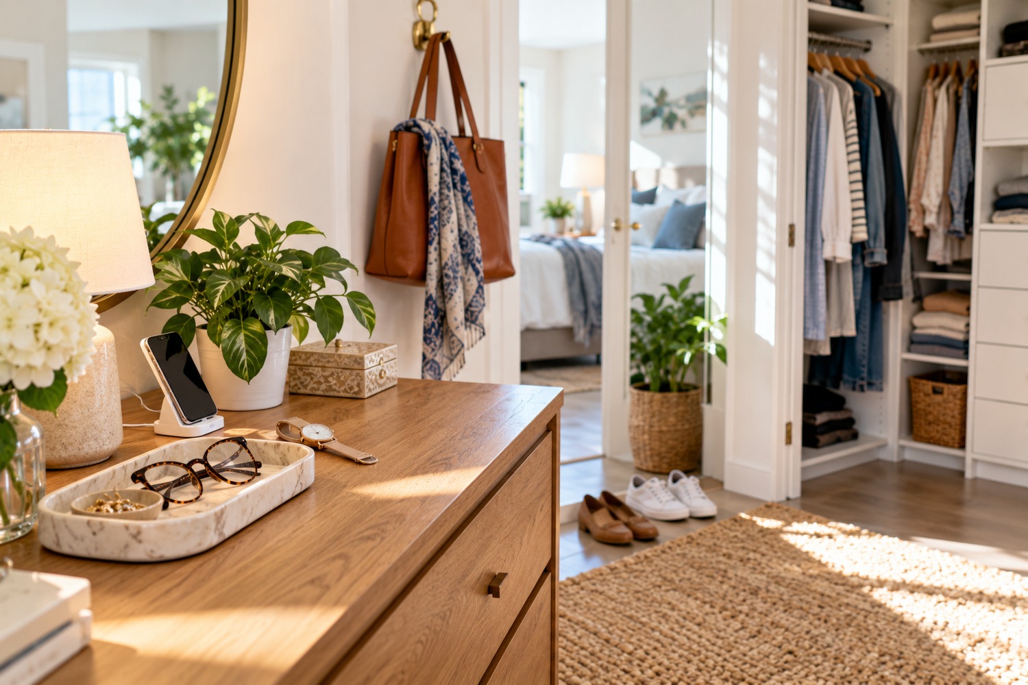 A bright bedroom and dressing area with glasses, a watch, phone, bag and shoes kept in predictable places.