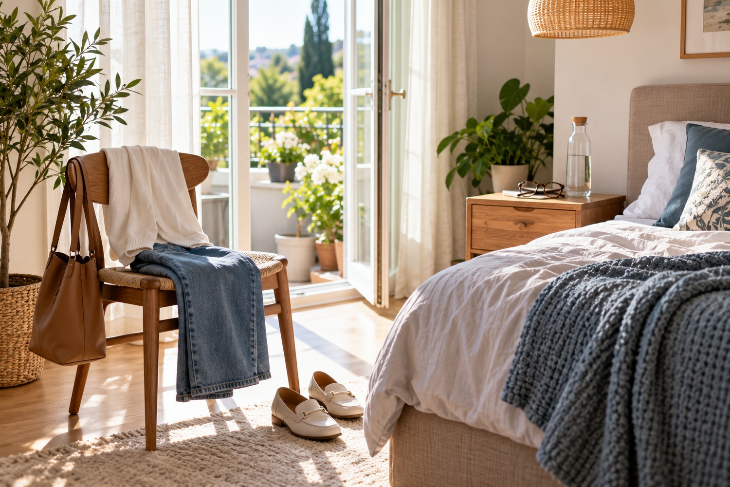 A bright lived-in bedroom with simple clothes and comfortable shoes prepared for the day, with no people present.