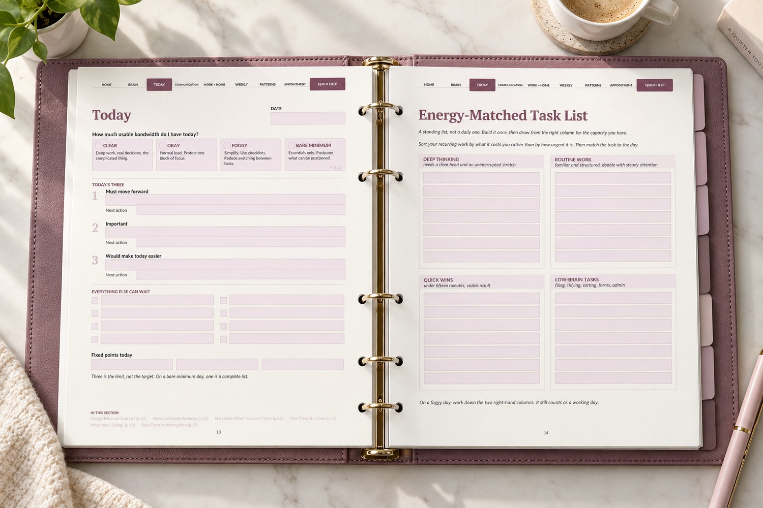 Printable Brain Fog Backup Plan worksheets in an open ring binder