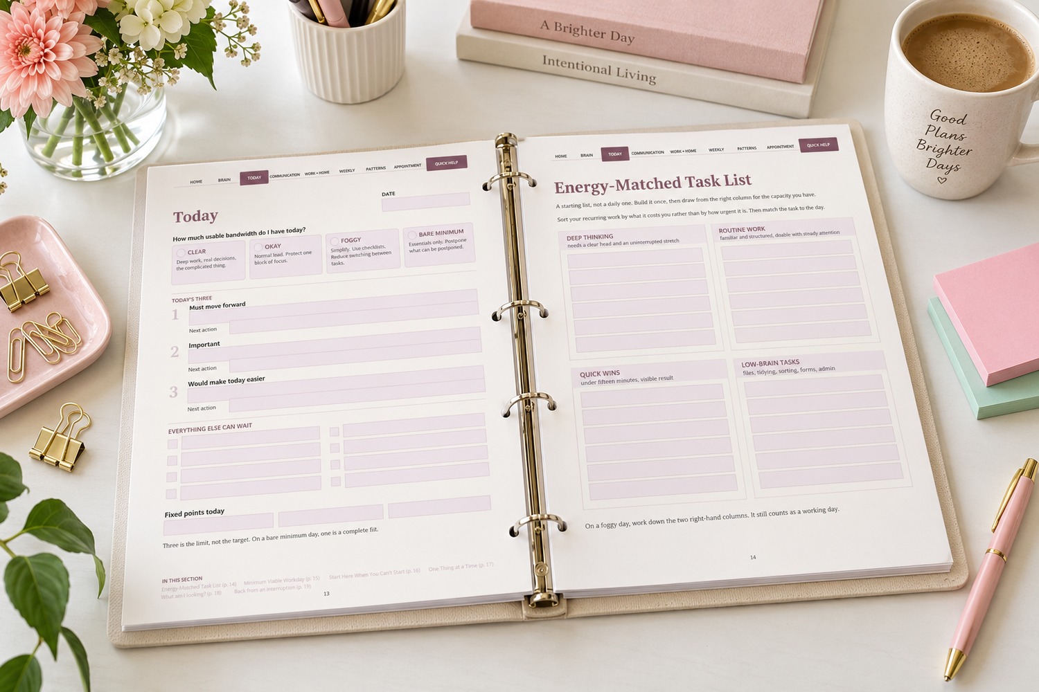Today and Energy-Matched Task List worksheets printed and stored in a ring binder