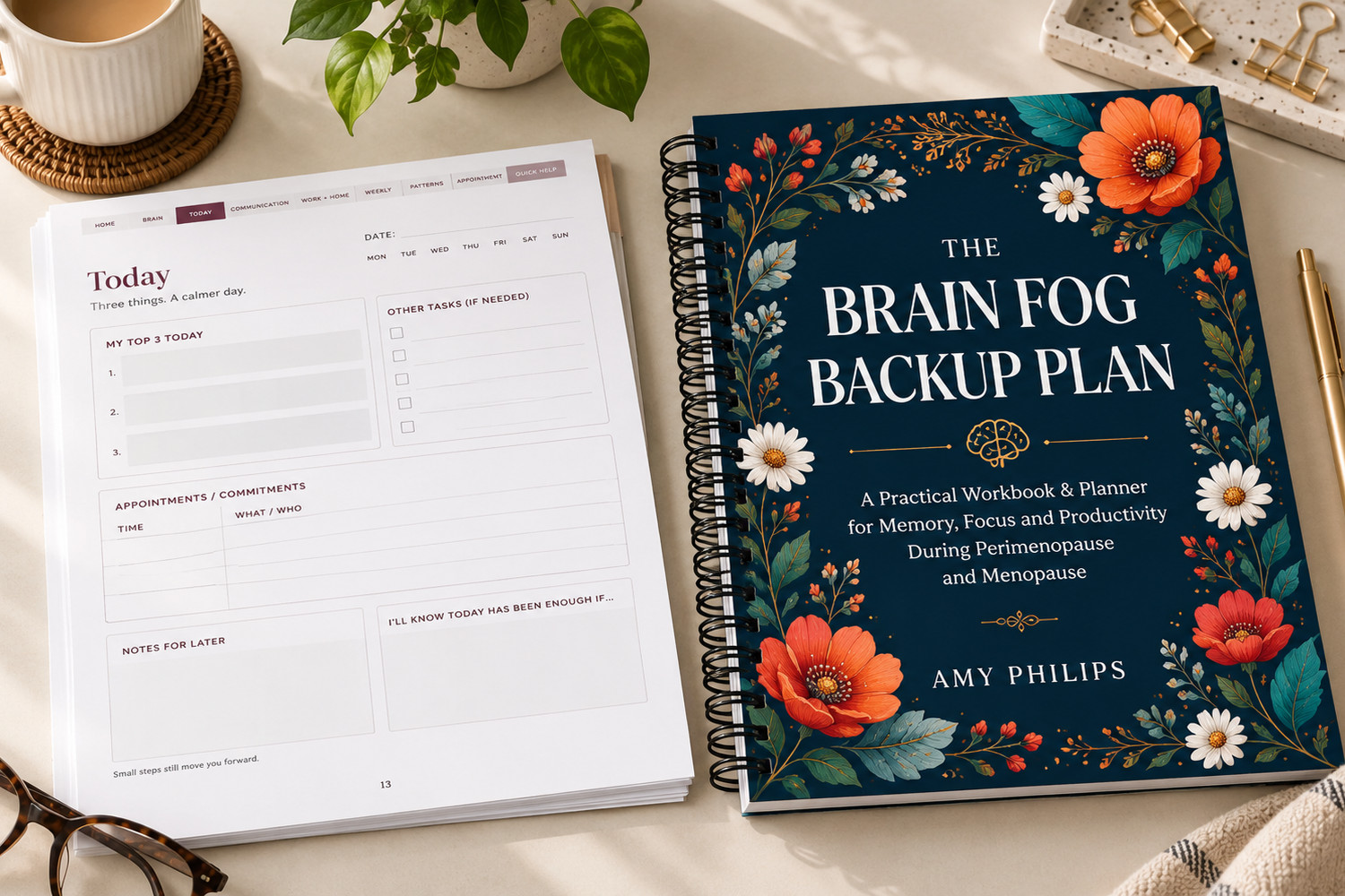The Brain Fog Backup Plan workbook, printable page and floral cover