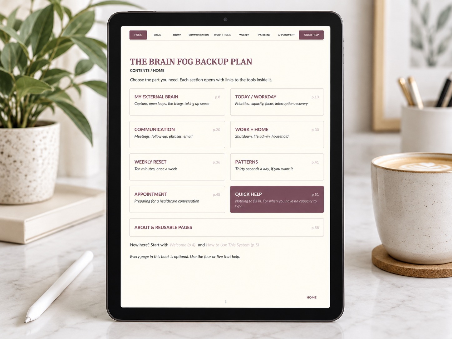 Interactive Brain Fog Backup Plan contents page displayed on a vertical tablet