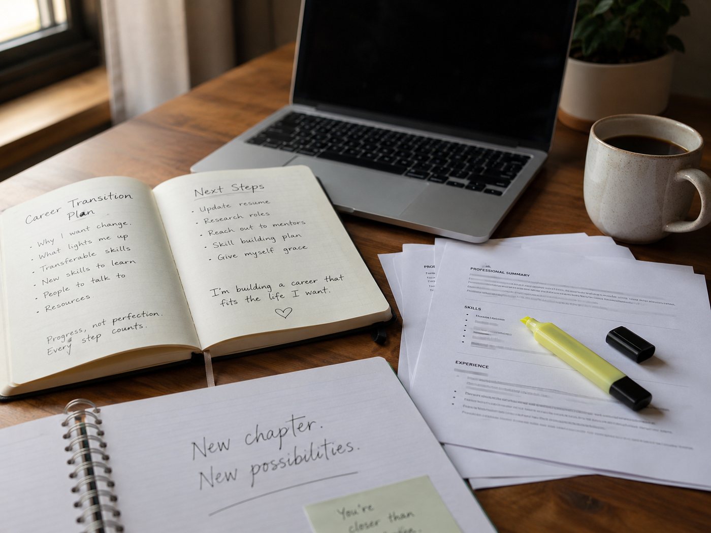 A notebook headed New chapter, new possibilities beside a printed plan and a highlighter.