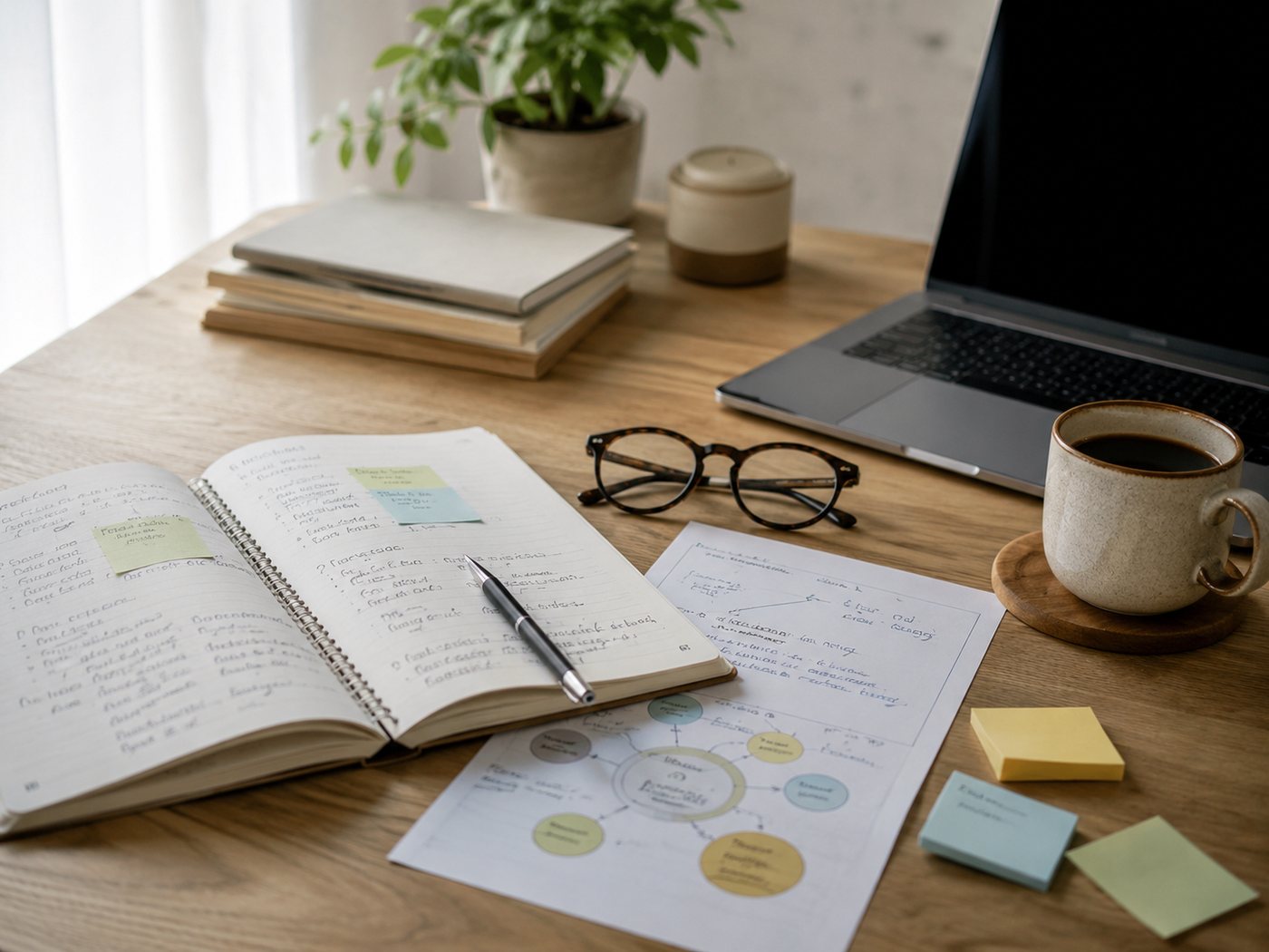 An open notebook, reading glasses and a marked-up plan beside a laptop.