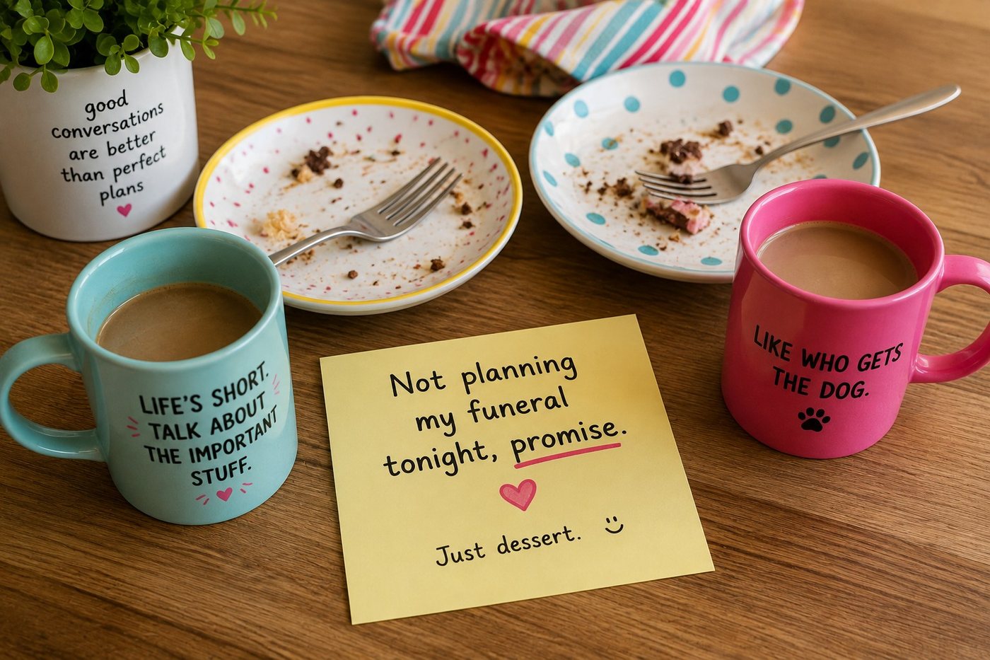 Two colourful mugs and dessert plates after dinner with a playful note that keeps a difficult subject light.