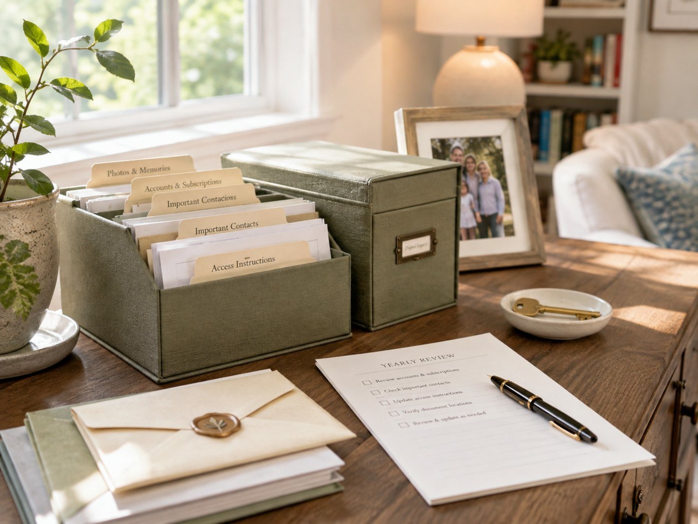 A calm home archive with separate sections for photos, subscriptions, contacts and access instructions.