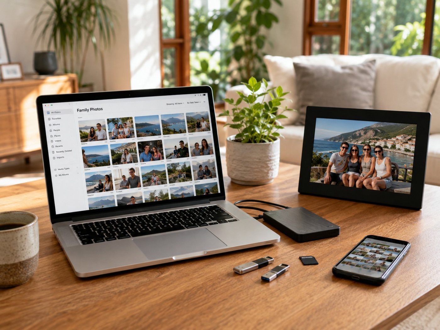 A bright home scene showing family photographs stored across a laptop, phone, digital frame and backup drive.