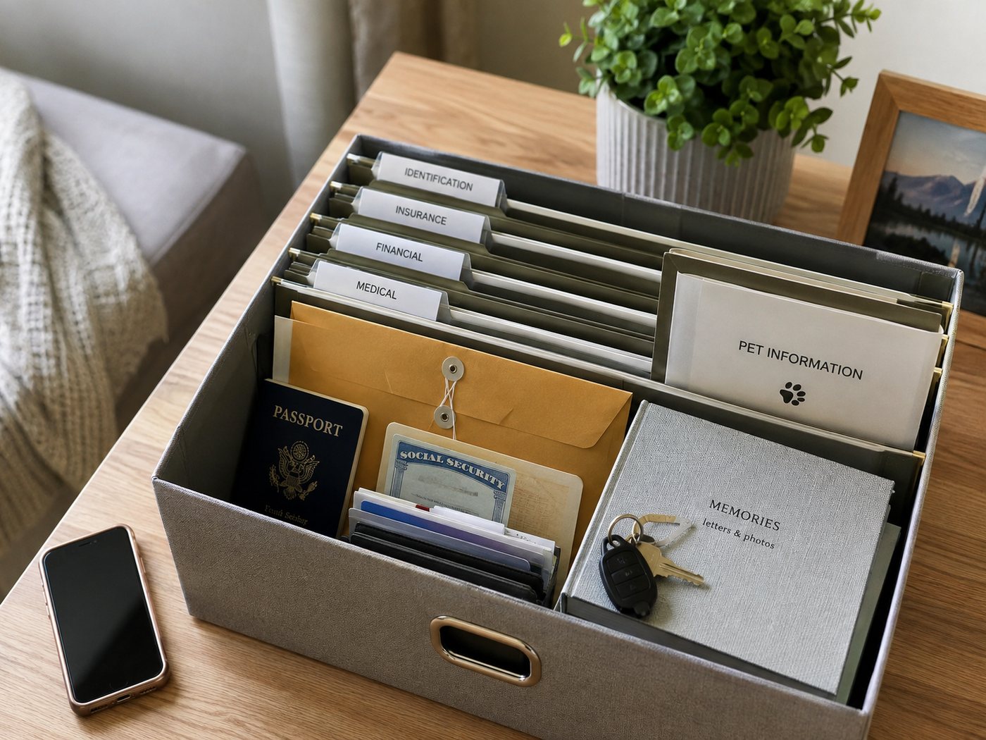 A clearly organised home document box containing identity, insurance, financial and pet information.