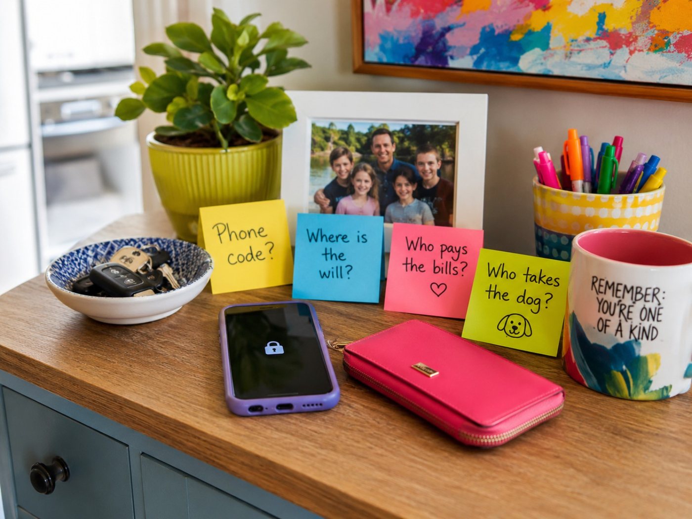 A colourful household scene built around four practical questions about phone access, a will, bills and pet care.