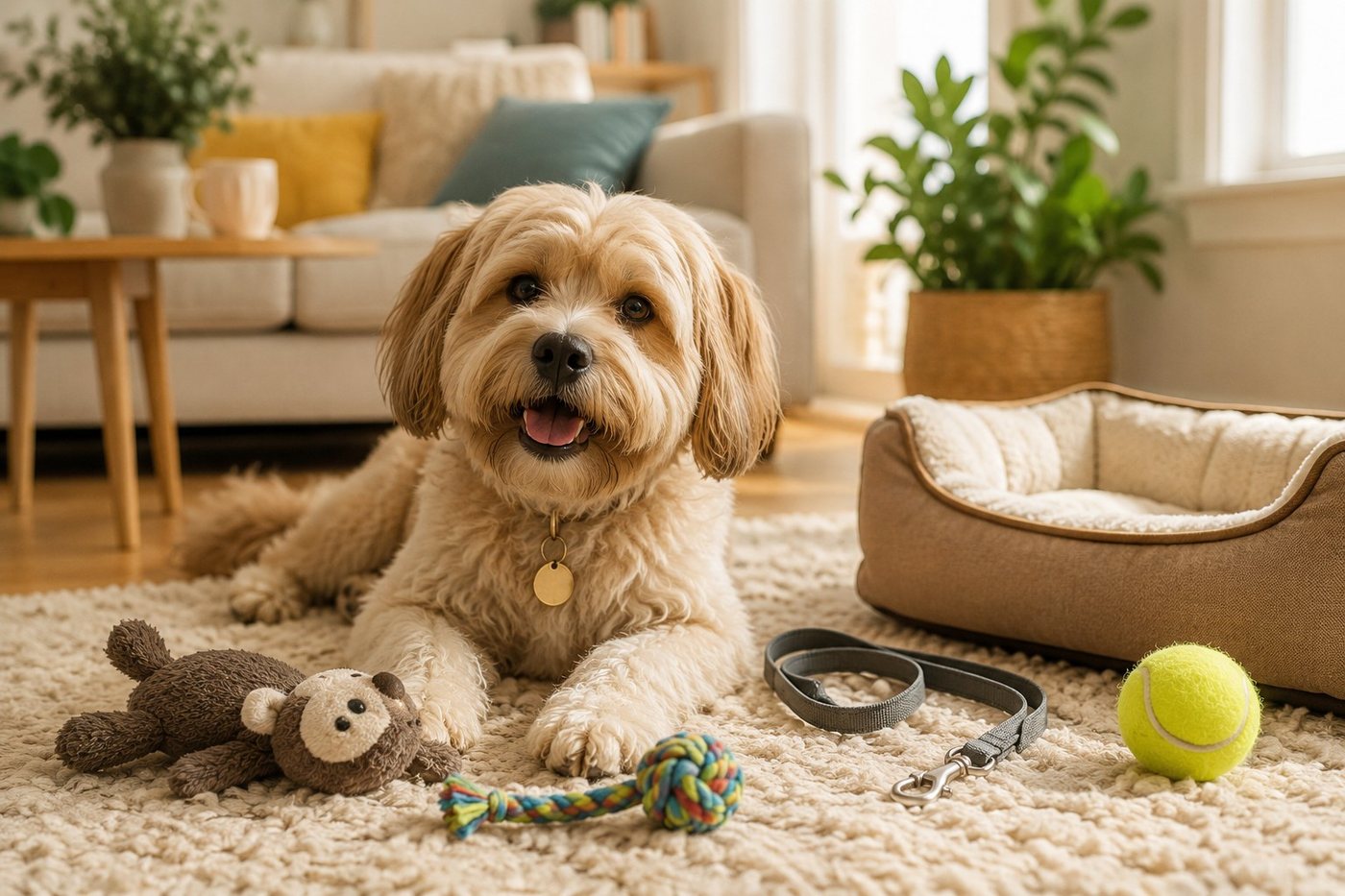 A happy family dog at home beside its bed, lead and favourite toys.