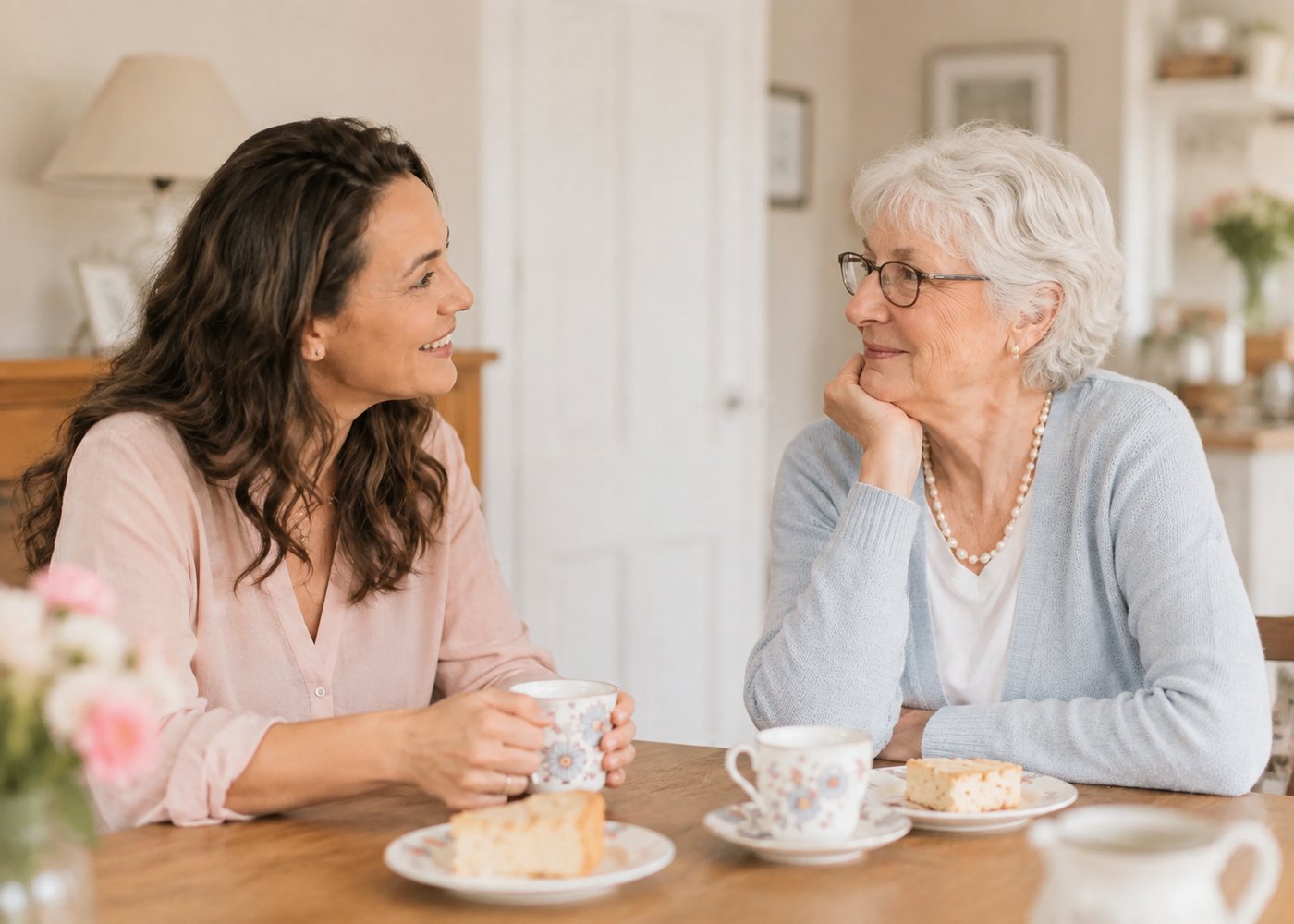 A woman going through documents at her dining table with coffee and family photographs nearby.