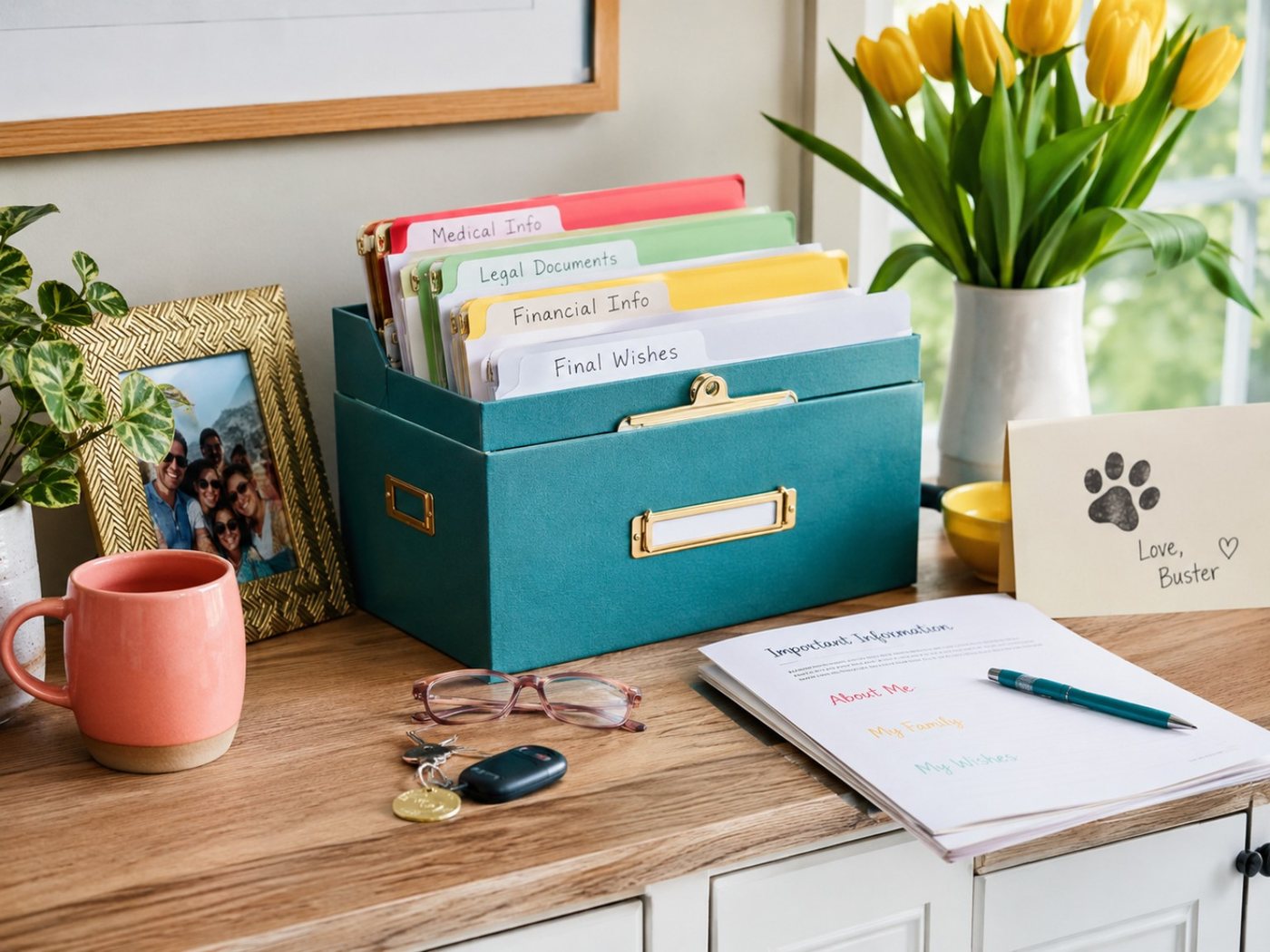 A bright teal home filing system beside family photographs, flowers and clearly organised practical information.