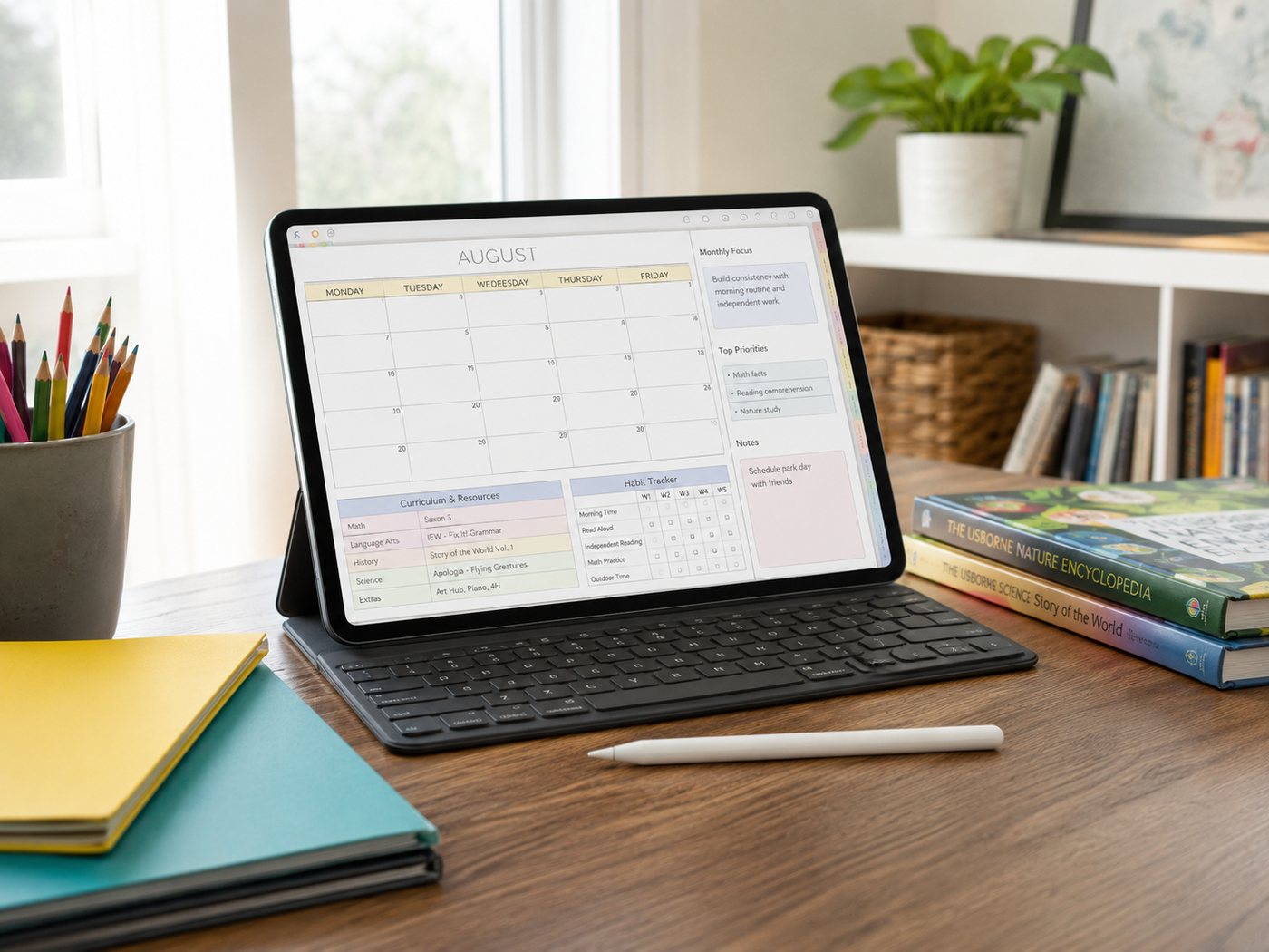 A fillable digital homeschool planner open on a tablet beside books and simple school supplies.