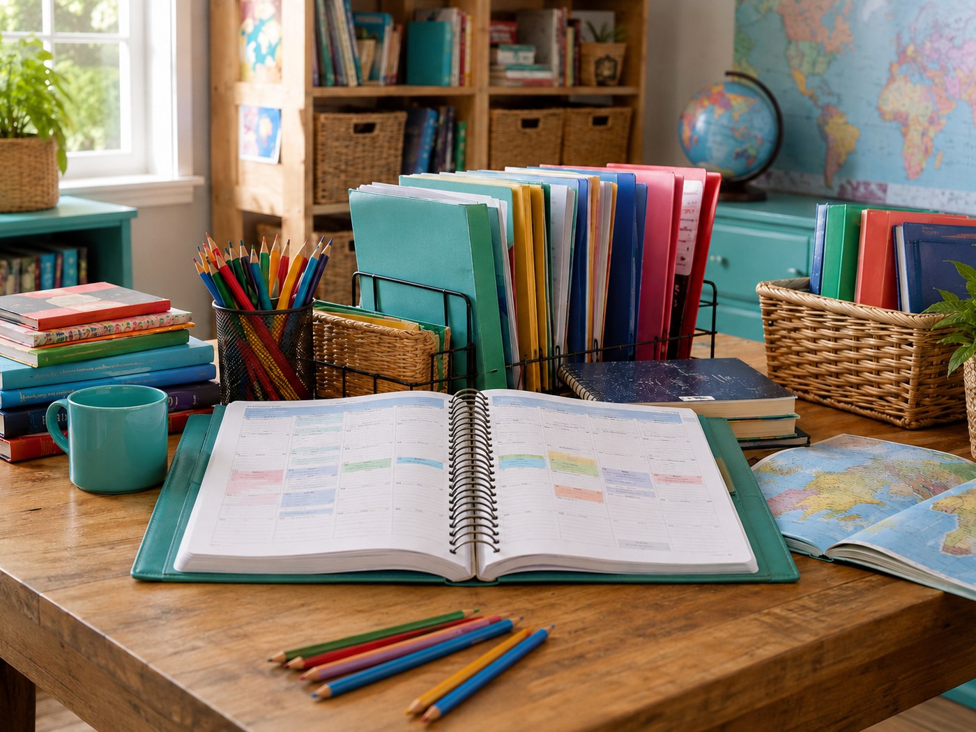 A colorful spiral-bound homeschool planner open on a family study table with books, folders and planning notes.
