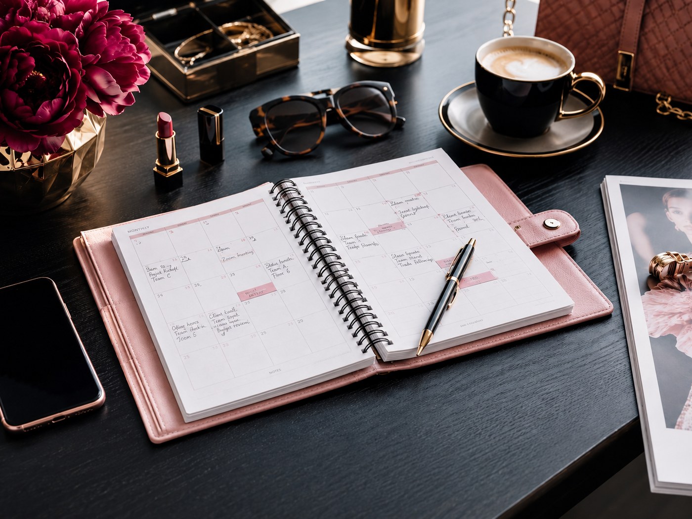 A pink planner open at a monthly spread on a dark desk beside coffee, sunglasses and lipstick.