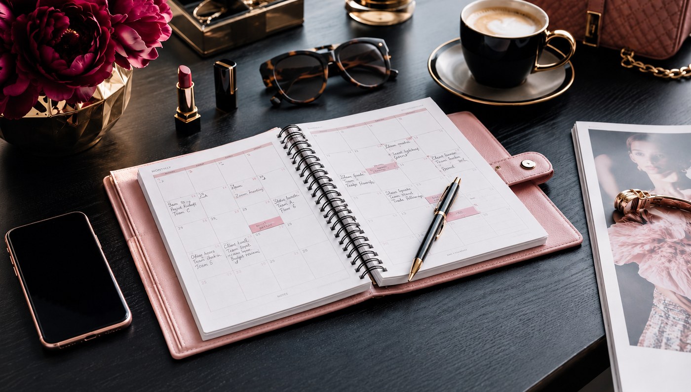 A pink planner open on a dark desk beside a phone, coffee and reading glasses.