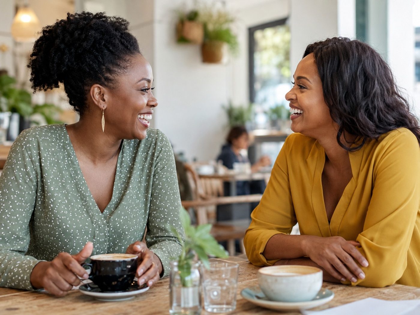 Two Black women laughing together over coffee during a relaxed catch-up.