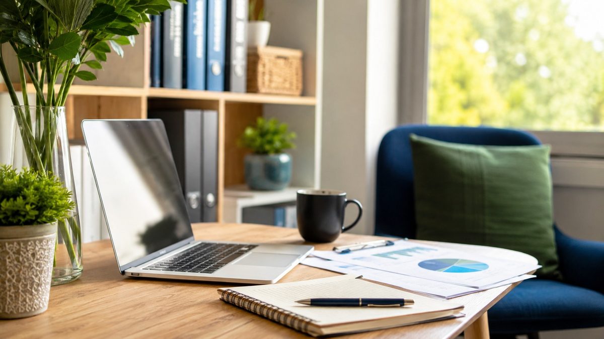 A bright home office with a laptop, notebook and coffee on the desk.
