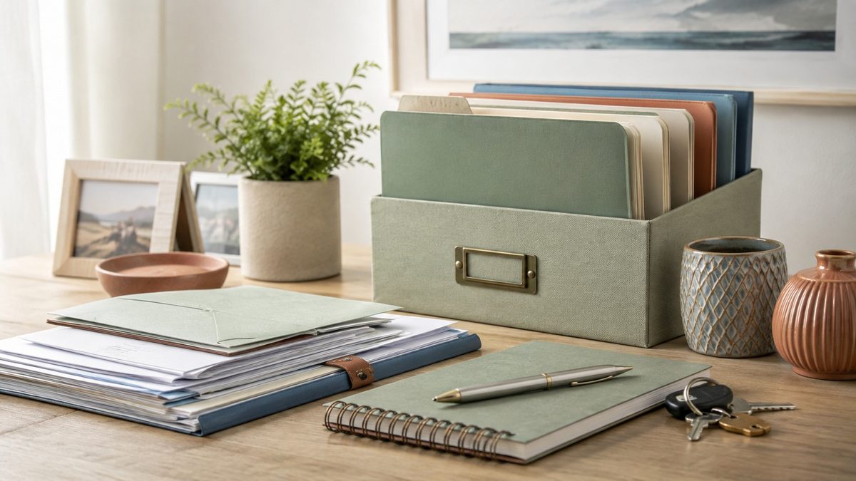 Document folders, a labelled box and keys arranged on a table.
