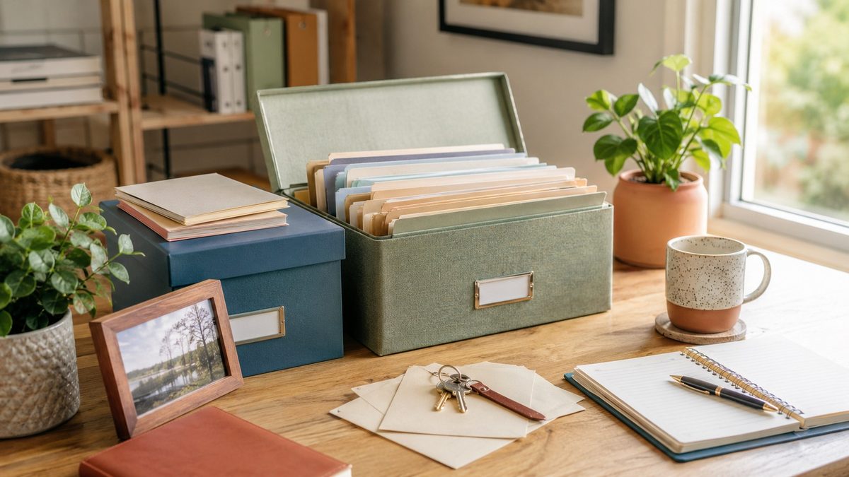Folders, envelopes and a photo frame set out on a sunlit table.