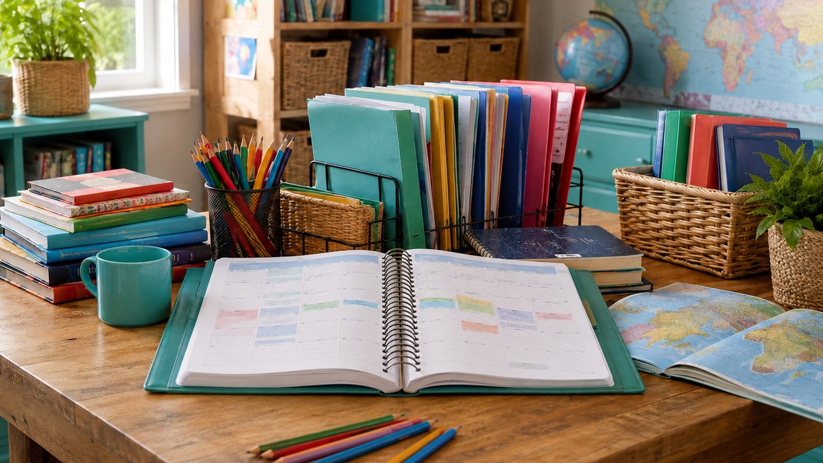 An open homeschool planner surrounded by folders, pencils and books on a family table.
