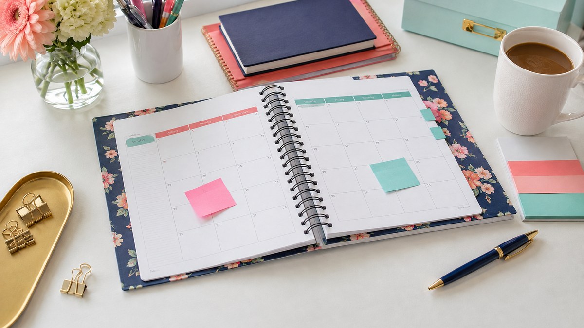 The floral 2027 planner open at a monthly spread beside a mug and a pen.