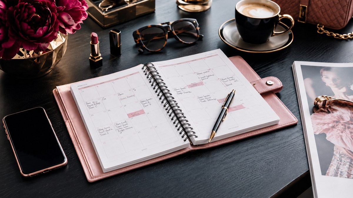 A pink planner open at a monthly spread on a dark desk beside coffee and a phone.